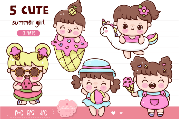 Summer Girl Kawaii Clipart. Kid Summer